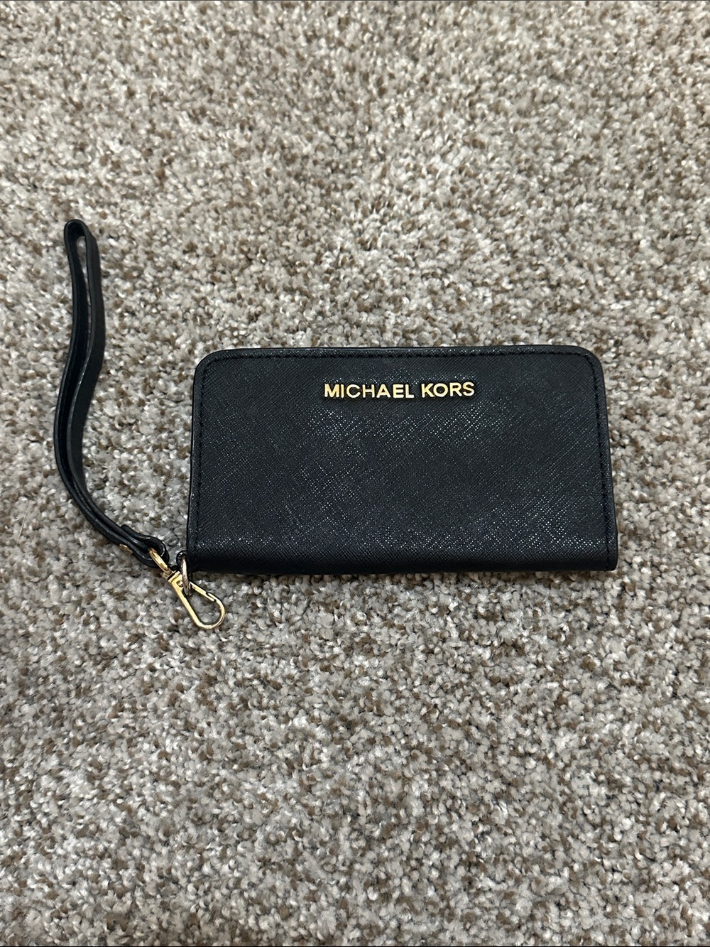 Michael Kors Black Leather Zip Wristlet with Gold Logo